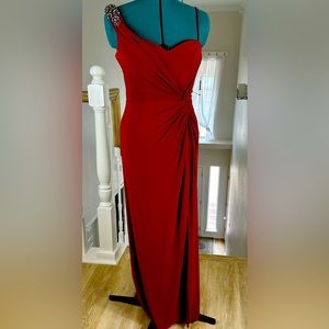 Xscape by Joanna Chen deep red long gown with asymmetrical style, size 10